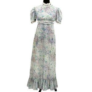 Vtg‎ 70s Floral Maxi Dress John Charles M Modest High Neck Lace Coquette Girlie
